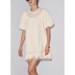 NWT ZARA ZW Collection Embroidered Short Mini Dress Ecru Size XS